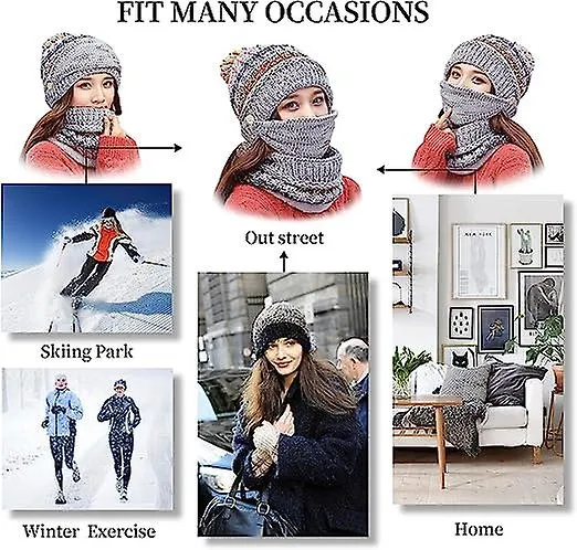 Winter Beanie Hat Scarf And Mask Set Thick Warmth Knitted Wool Lined Skull Hat Scarf Mask