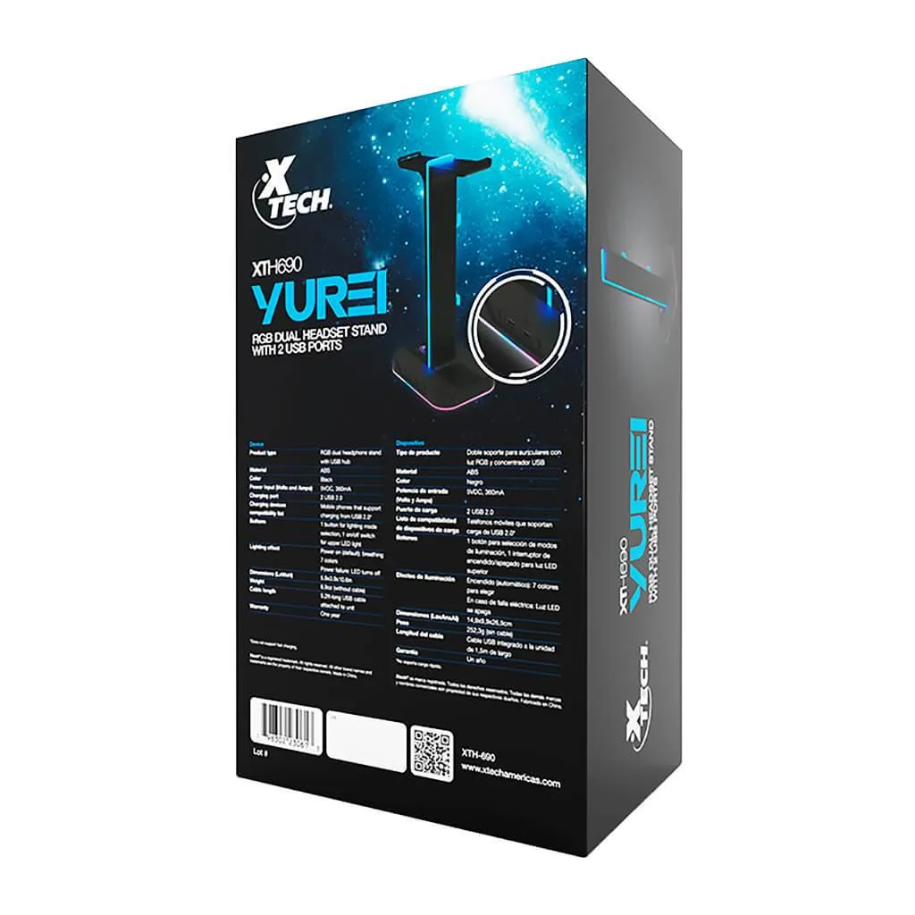 XTECH SOPORTE DOBLE PARA AUDíFONOS RGB 2 PUERTOS USB YUREI, XTH690