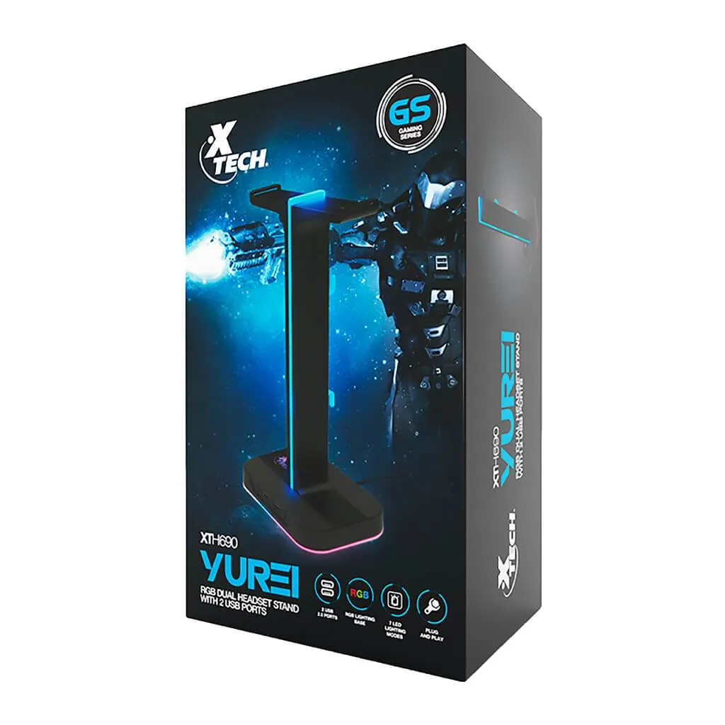 XTECH SOPORTE DOBLE PARA AUDíFONOS RGB 2 PUERTOS USB YUREI, XTH690